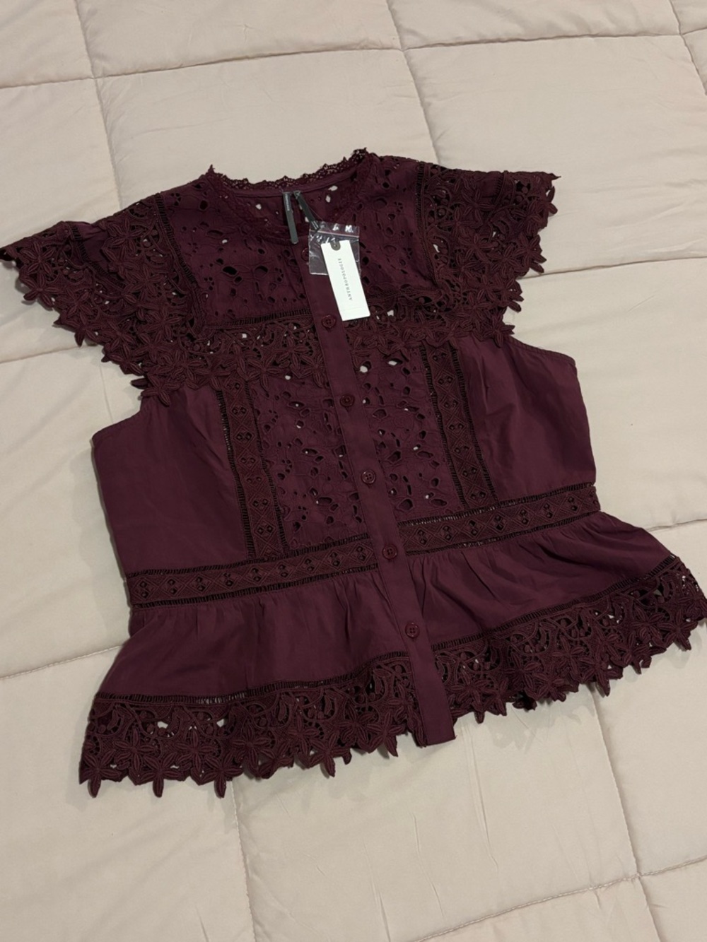Anthropologie Sleeveless High-Neck Lace-Inset Blouse | Eyelet Button-Front Top - Picture 3 of 12
